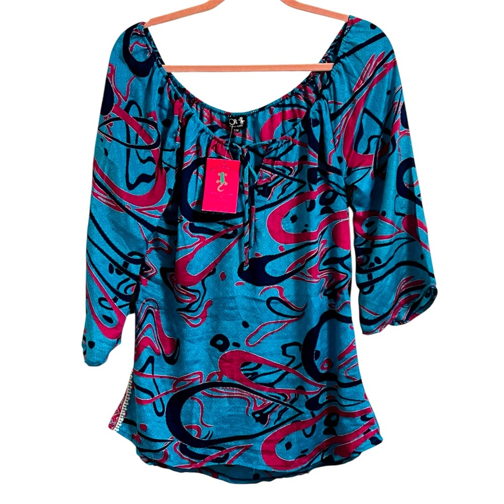 NEW Vibrant Women's 100% Silk Blouse Blue Pink Abstract from Valencia Spain S/M